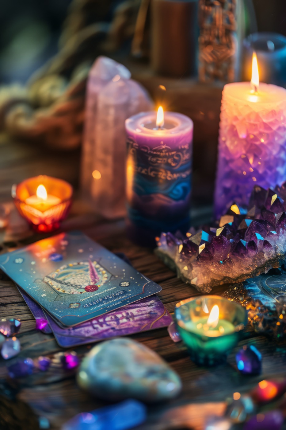 Cristales, velas y cartas de tarot